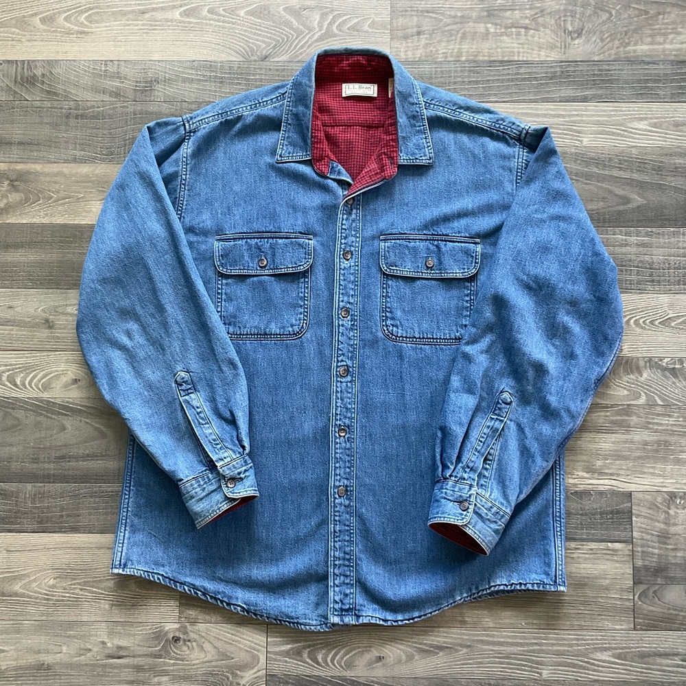 VTG LL Bean Flannel Lined Denim Shirt Shacket Men’s LARGE Blue MADE IN USA - Picture 2 of 13